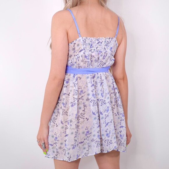 WHITE & BLUE FLORAL MESH BABYDOLL LINGERIE TOP - Picture 4 of 6